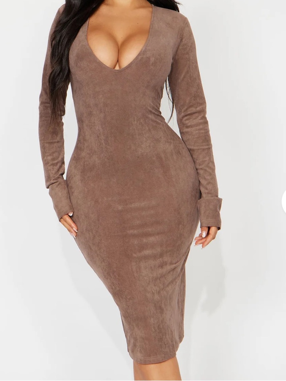 Fashion Nova Acynia Suede Midi Dress Long Sleeve Midi Dress in Brown Size Medium